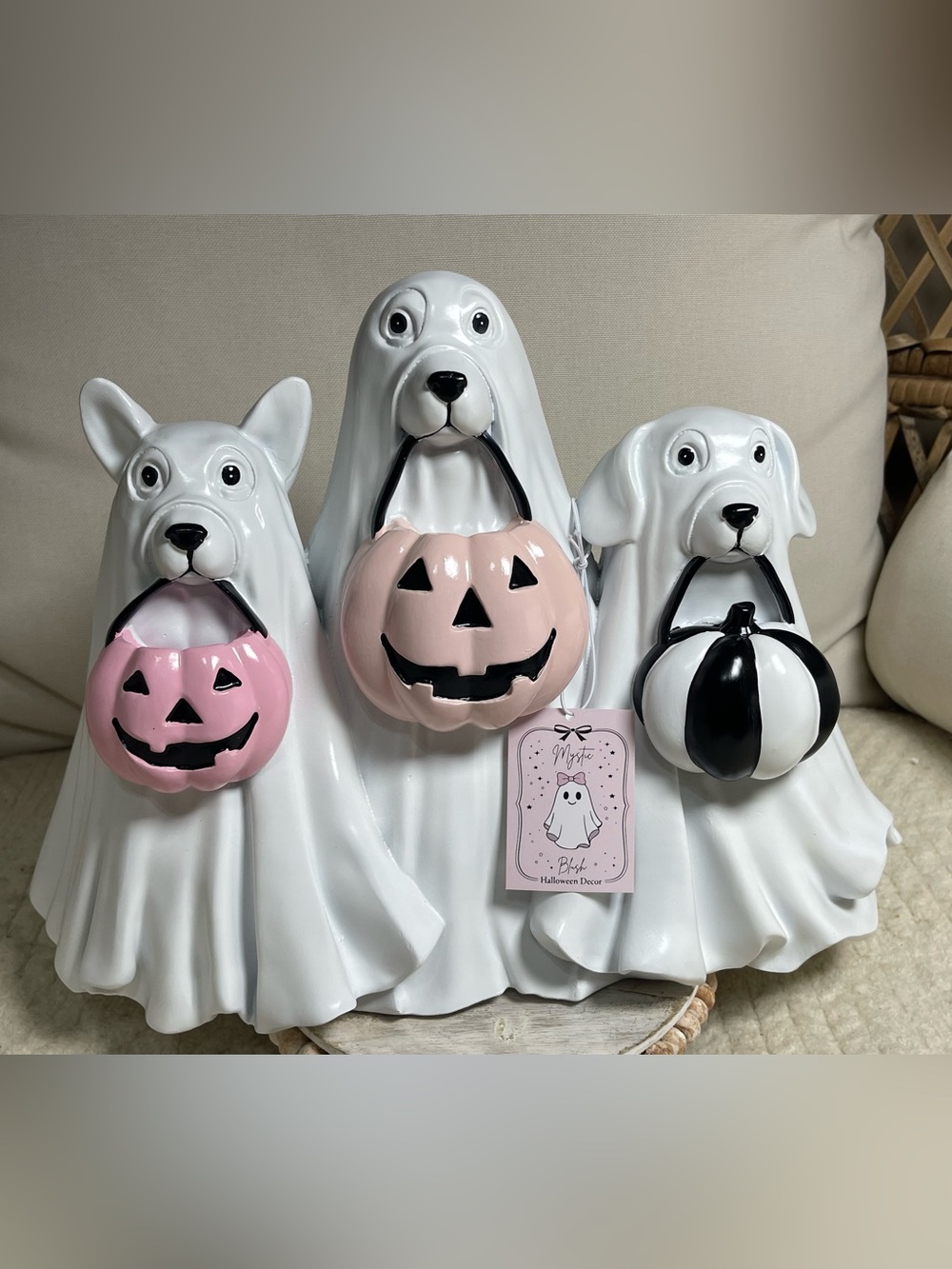Ghost Dog Trio Halloween Decor with Pink & Black Jack-o'-Lanterns